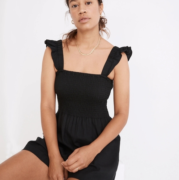 Madewell Linen-Blend Lucie Smocked Romper Black Size 8 NWT Summer Vacation - Picture 4 of 11